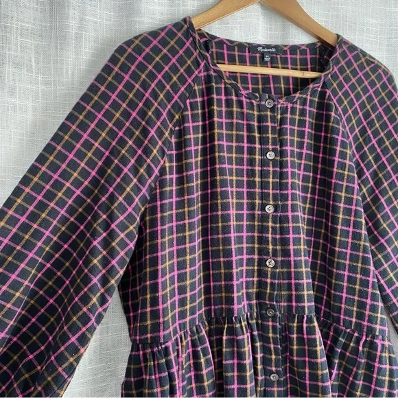 Madewell Plaid Flannel Raglan Button-Front Shirtdress Pink Black - Picture 2 of 7